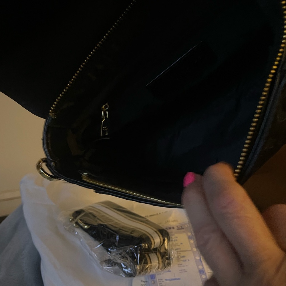 Black Leather Shoulder Bag, Handbag with Gold Accents